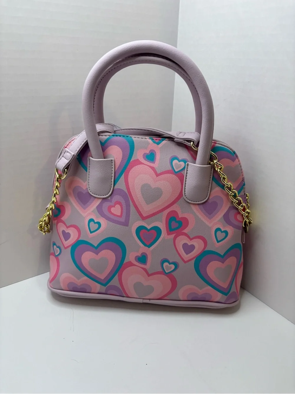 Luv Betsey Johnson cat-face W colorful Hearts Print Pink Satchel bag